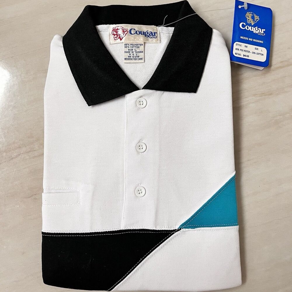 Vintage Cougar Golf Shirt Men’s Short Sleeve Size L Fitted Hem No Ironing Needs